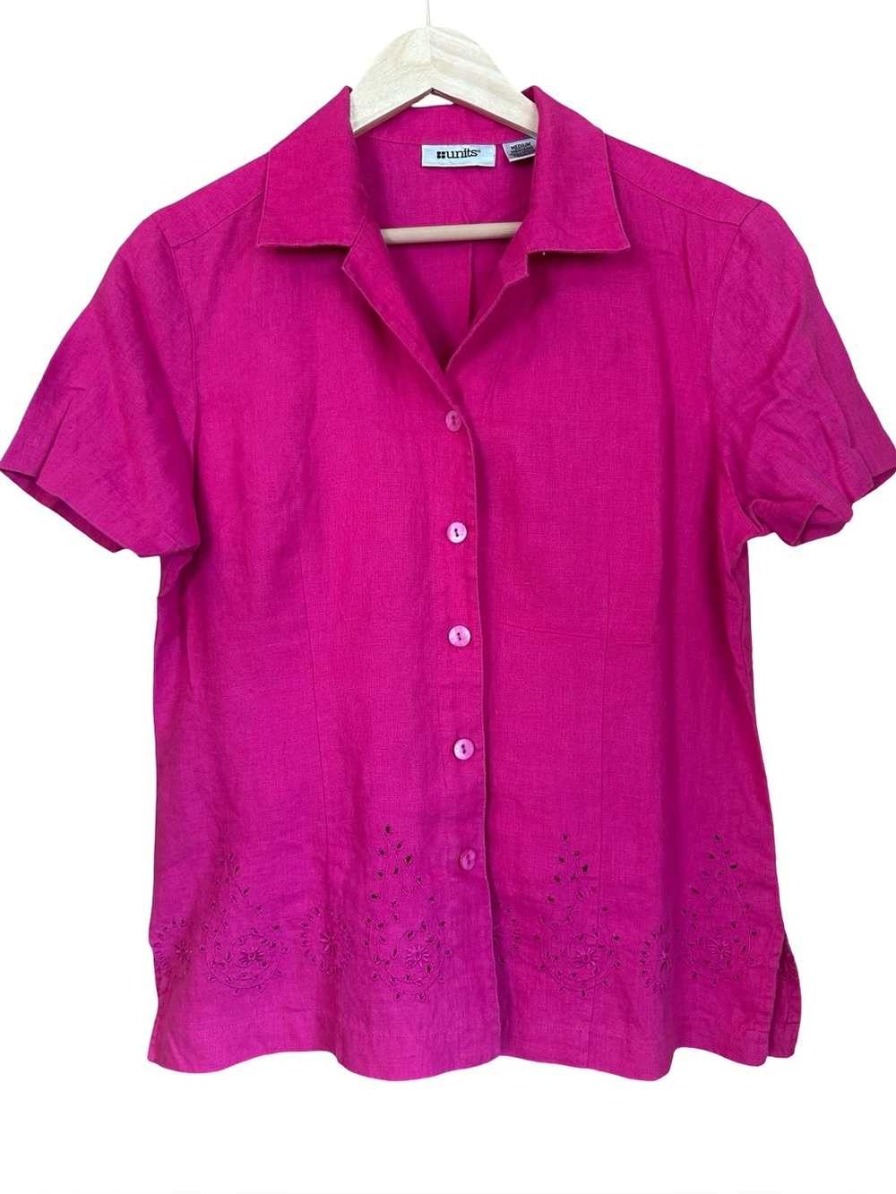 Vtg Units Brand Linen Cutout Floral Pink Button Down Shirt Sz M